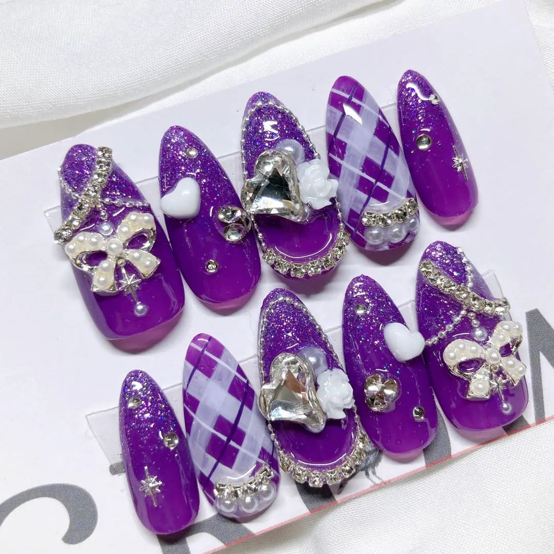 Nail tip, mass-produced, one-hon check, purple, favorite nails, custom nails