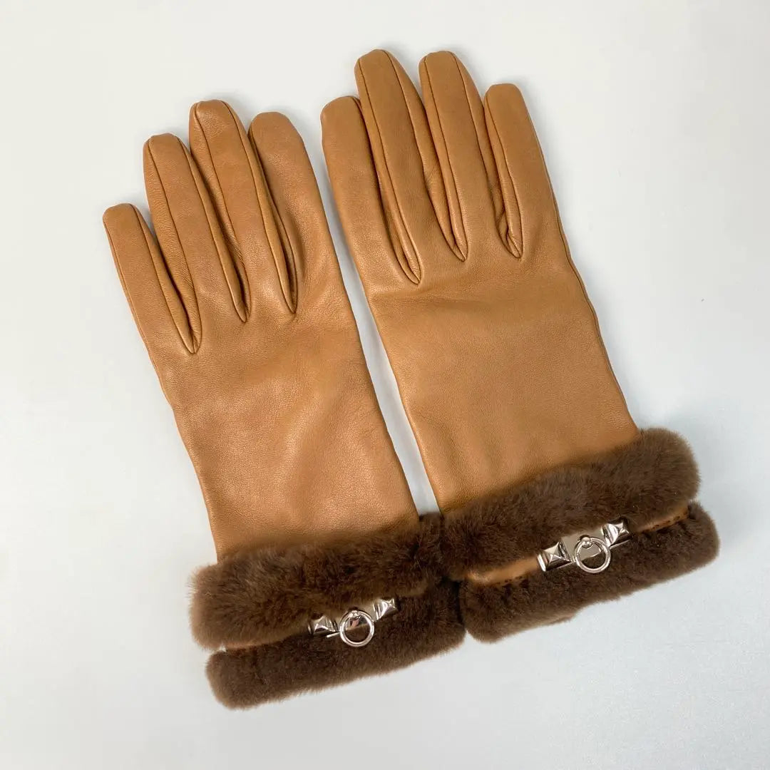 Hermes Corried Cyan Leather Gloves Brown