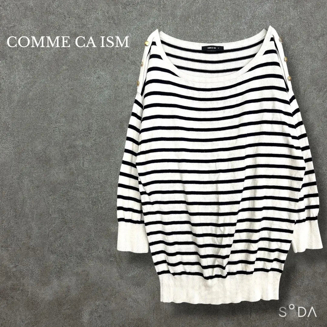 Com-Simmu [F] Boat neck, striped knit, thin, cotton blend, gold button, spring