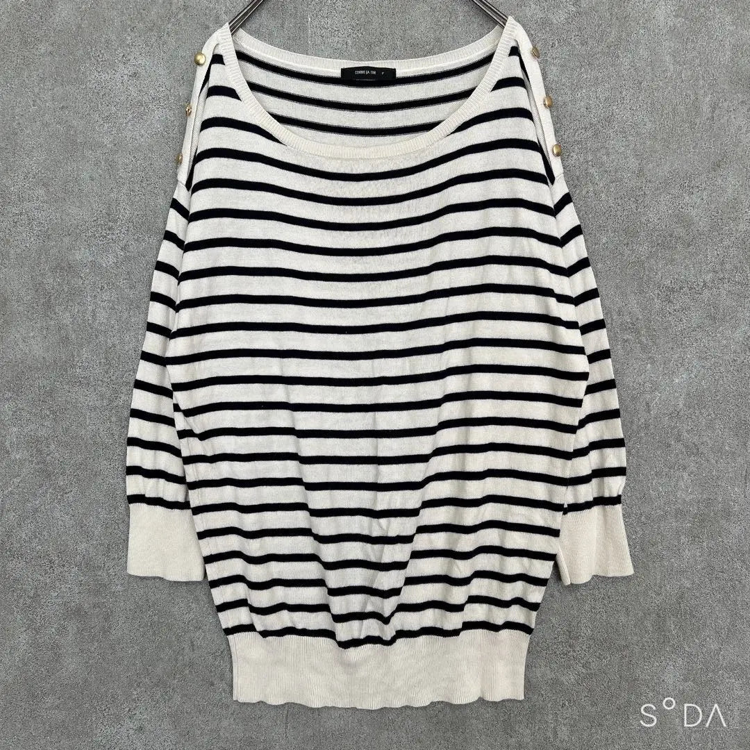 Com-Simmu [F] Boat neck, striped knit, thin, cotton blend, gold button, spring