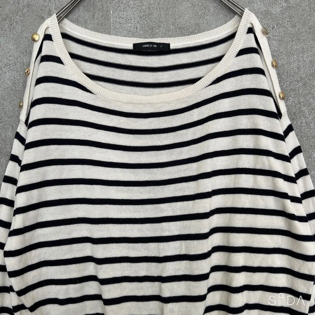 Com-Simmu [F] Boat neck, striped knit, thin, cotton blend, gold button, spring