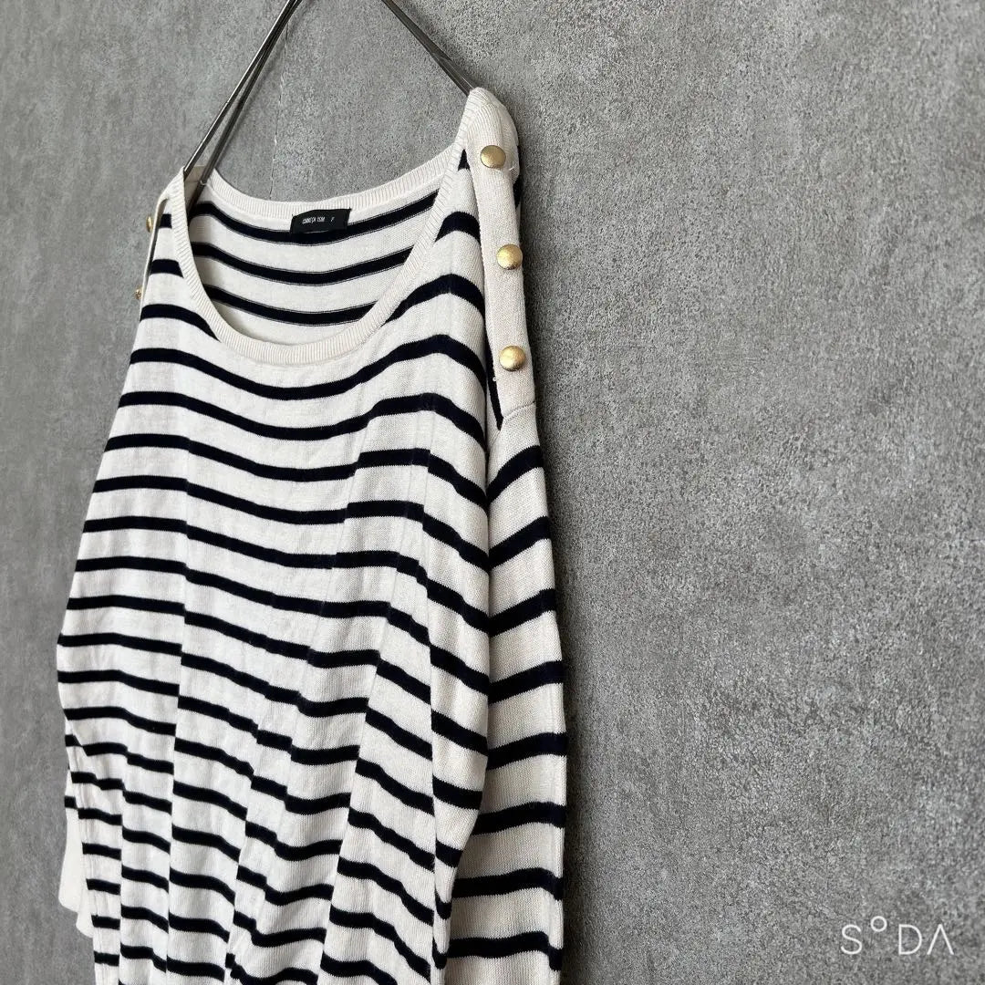 Com-Simmu [F] Boat neck, striped knit, thin, cotton blend, gold button, spring