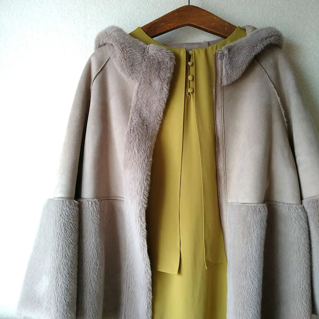 NOLLEY'S hooded faux sheepskin fur coat mocha greige M good condition