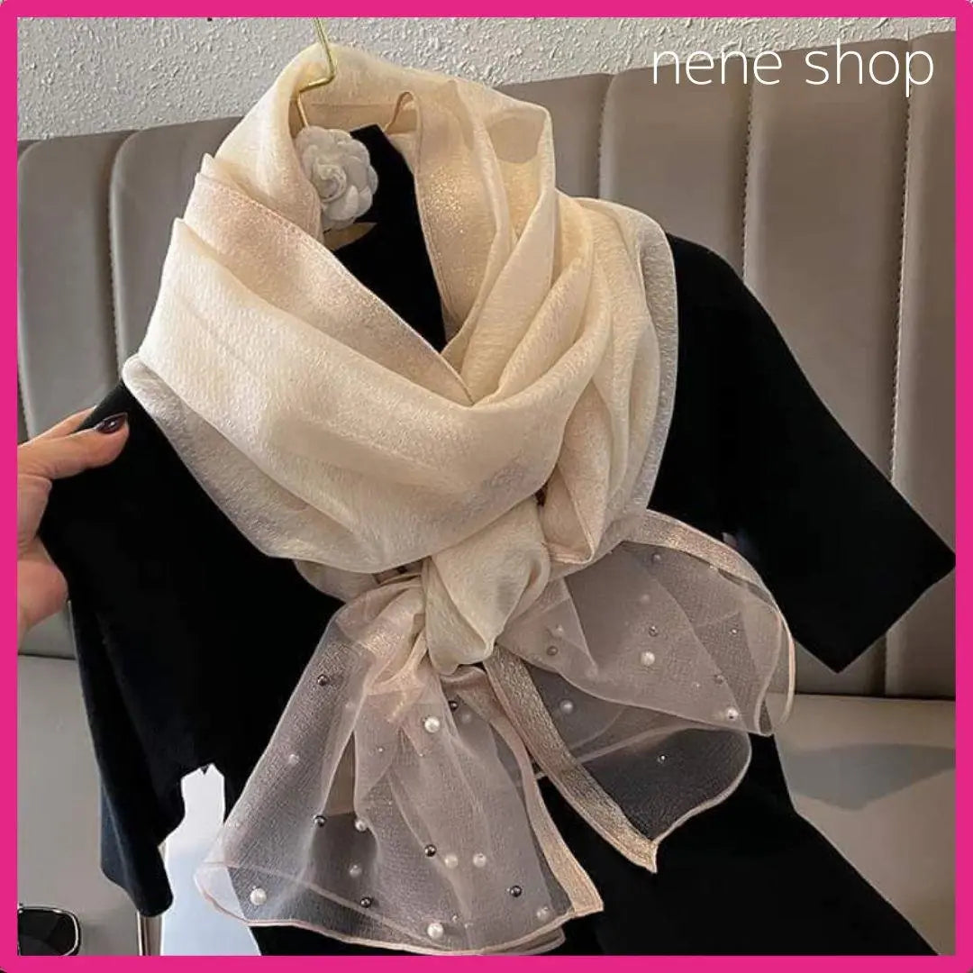 Pearl-equipped stole, shawl, scarf, high quality, cold protection, spring and summer, beige