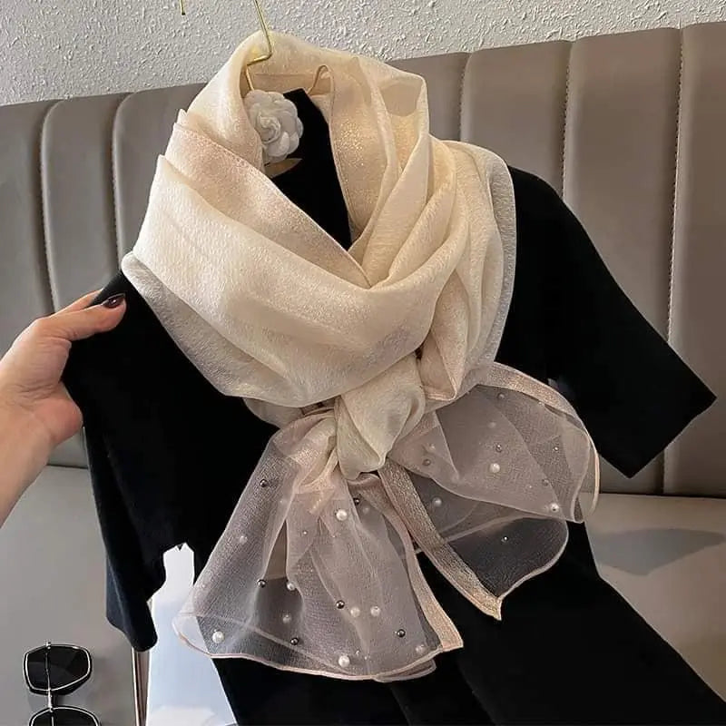 Pearl-equipped stole, shawl, scarf, high quality, cold protection, spring and summer, beige