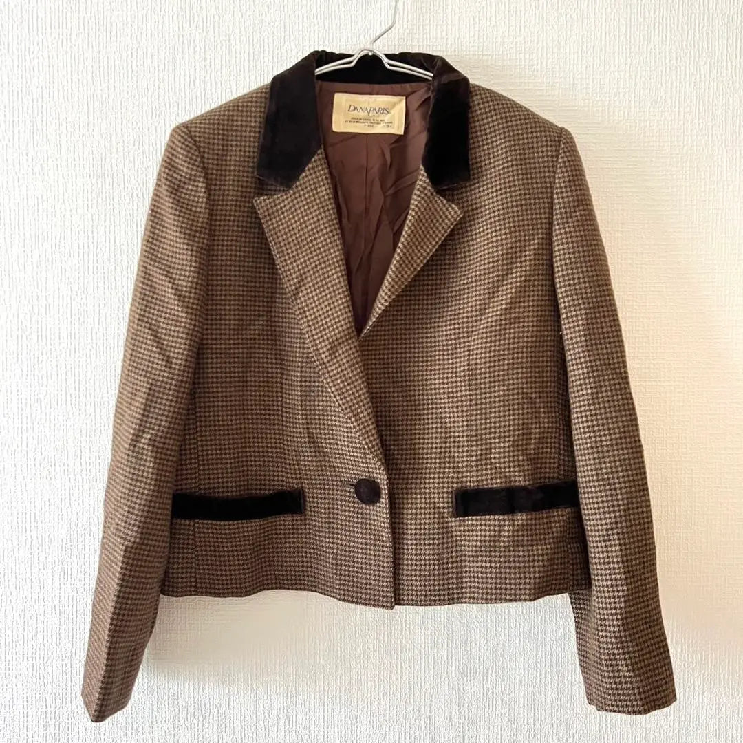 [Danapari] Jacket Houndstooth Pattern Different Materials Walnut Button Short Length Size 9