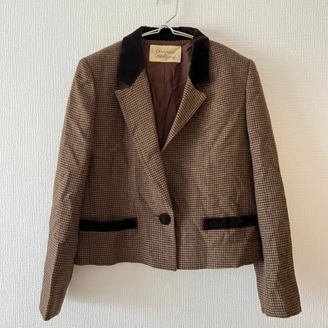 [Danapari] Jacket Houndstooth Pattern Different Materials Walnut Button Short Length Size 9