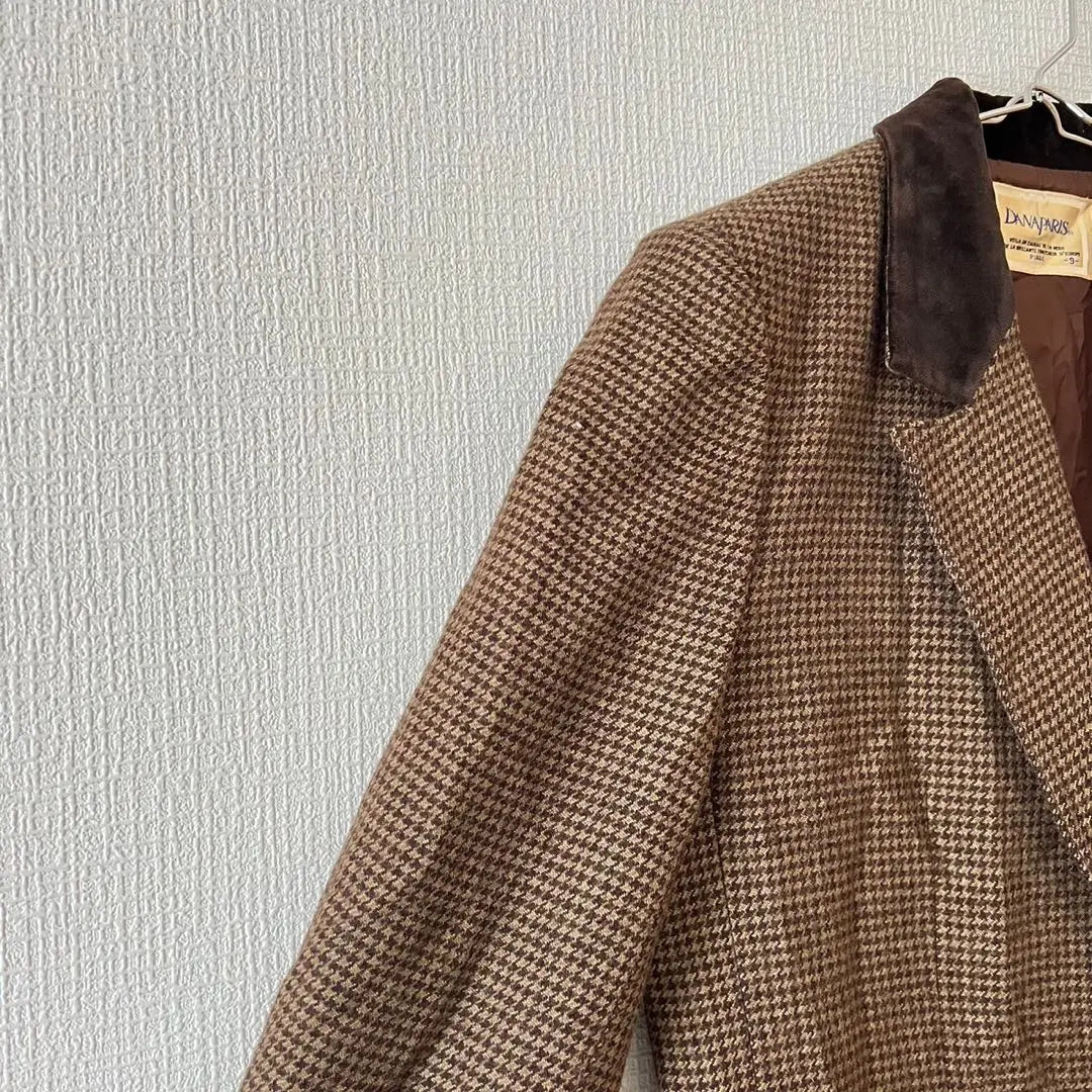 [Danapari] Jacket Houndstooth Pattern Different Materials Walnut Button Short Length Size 9