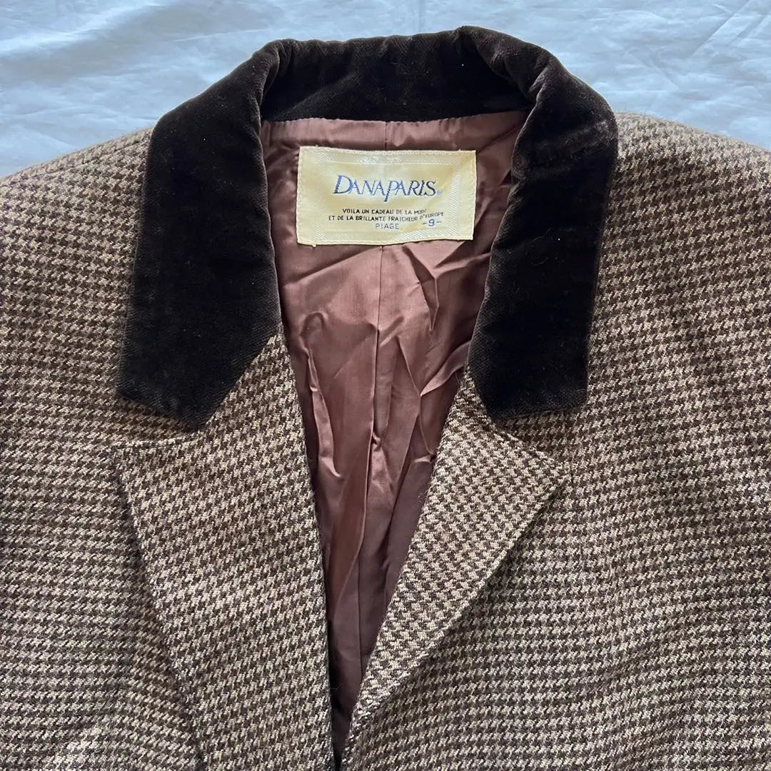 [Danapari] Jacket Houndstooth Pattern Different Materials Walnut Button Short Length Size 9