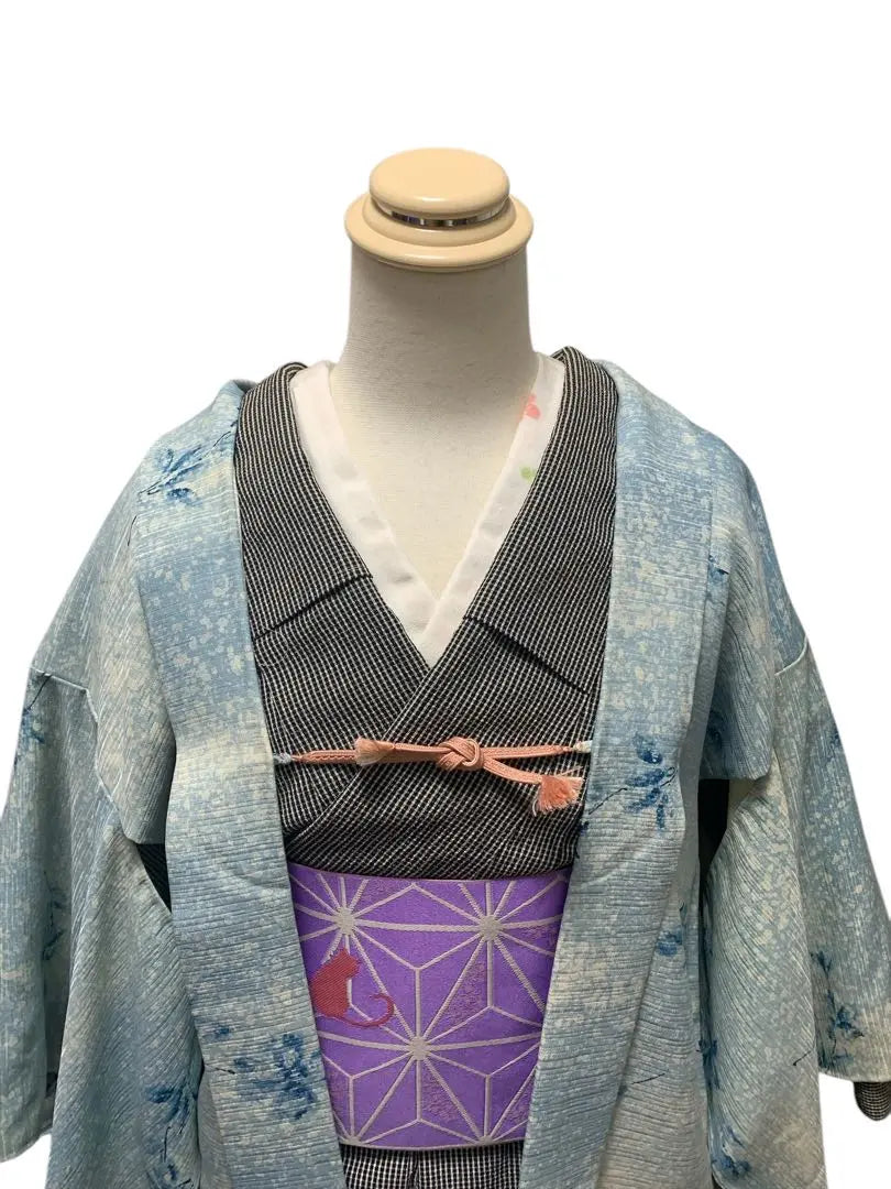 Haori, kimono, informal, azul claro, estampado floral, haori con cordón, semiantiguo