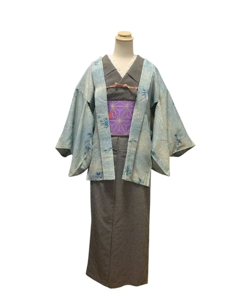 Haori, kimono, informal, azul claro, estampado floral, haori con cordón, semiantiguo