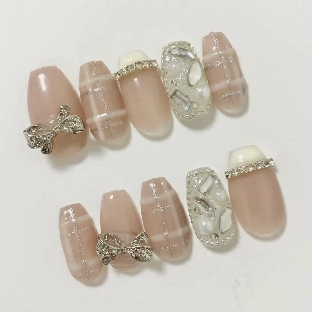 [Order] Nail tip, check tweed, French nail, sparkling ribbon, Korea