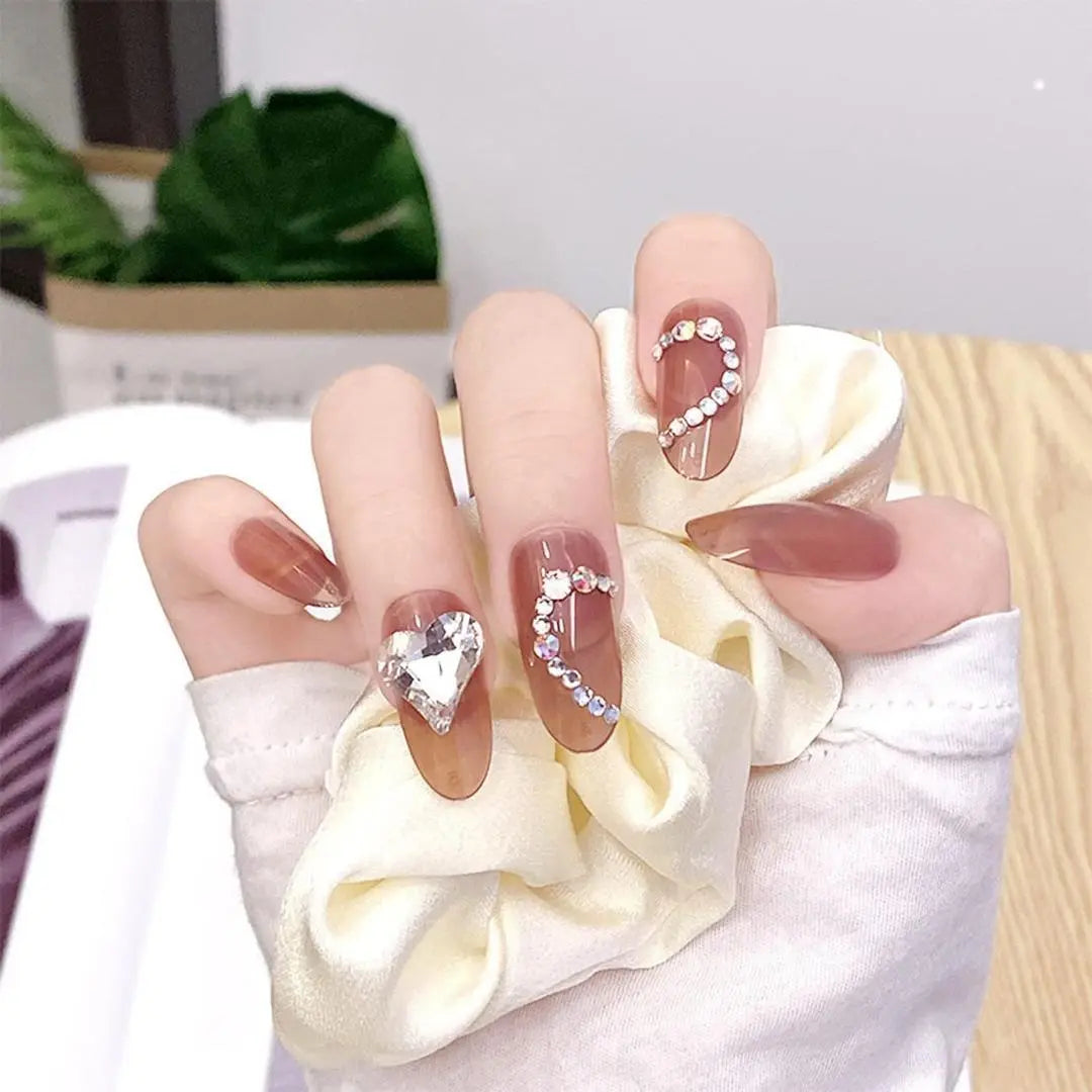 Para citas y bodas ❤️ Puntas de uñas cortas 24 piezas Corazón de diamantes de imitación