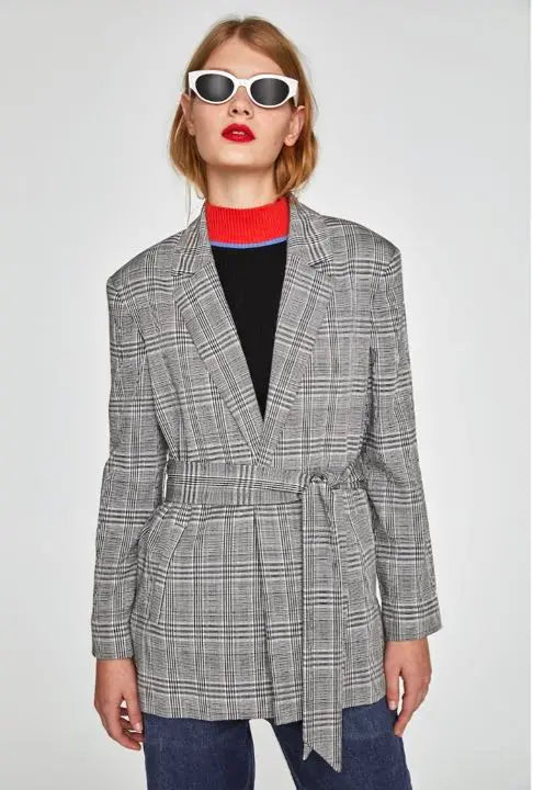 New ZARA Check Pattern Blazer Jacket with Tie Belt M | 新品☆ZARA ザラ タイベルト付きチェック柄ブレザージャケット M