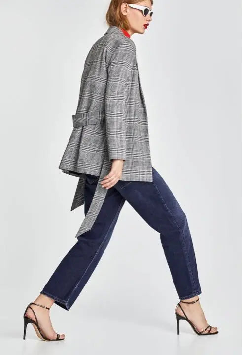 Nuevo ZARA Chaqueta Blazer Estampado De Cuadros Con Lazo Y Cinturón M | 新品☆ZARA ザラ タイベルト付きチェック柄ブレザージャケット M