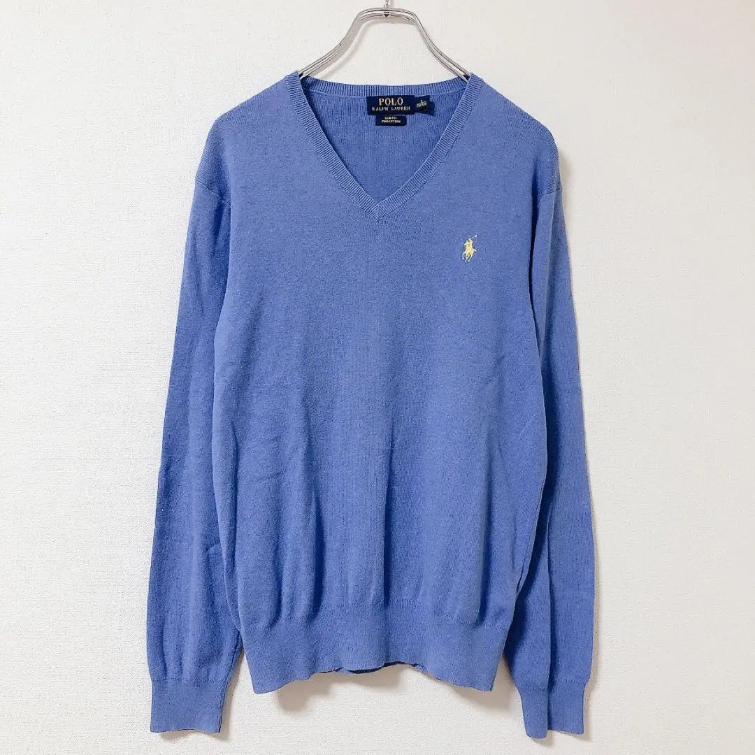 Polo Ralph Lauren [S] Cotton Knit V-neck Sweater Long Sleeve Embroidered Logo Thin