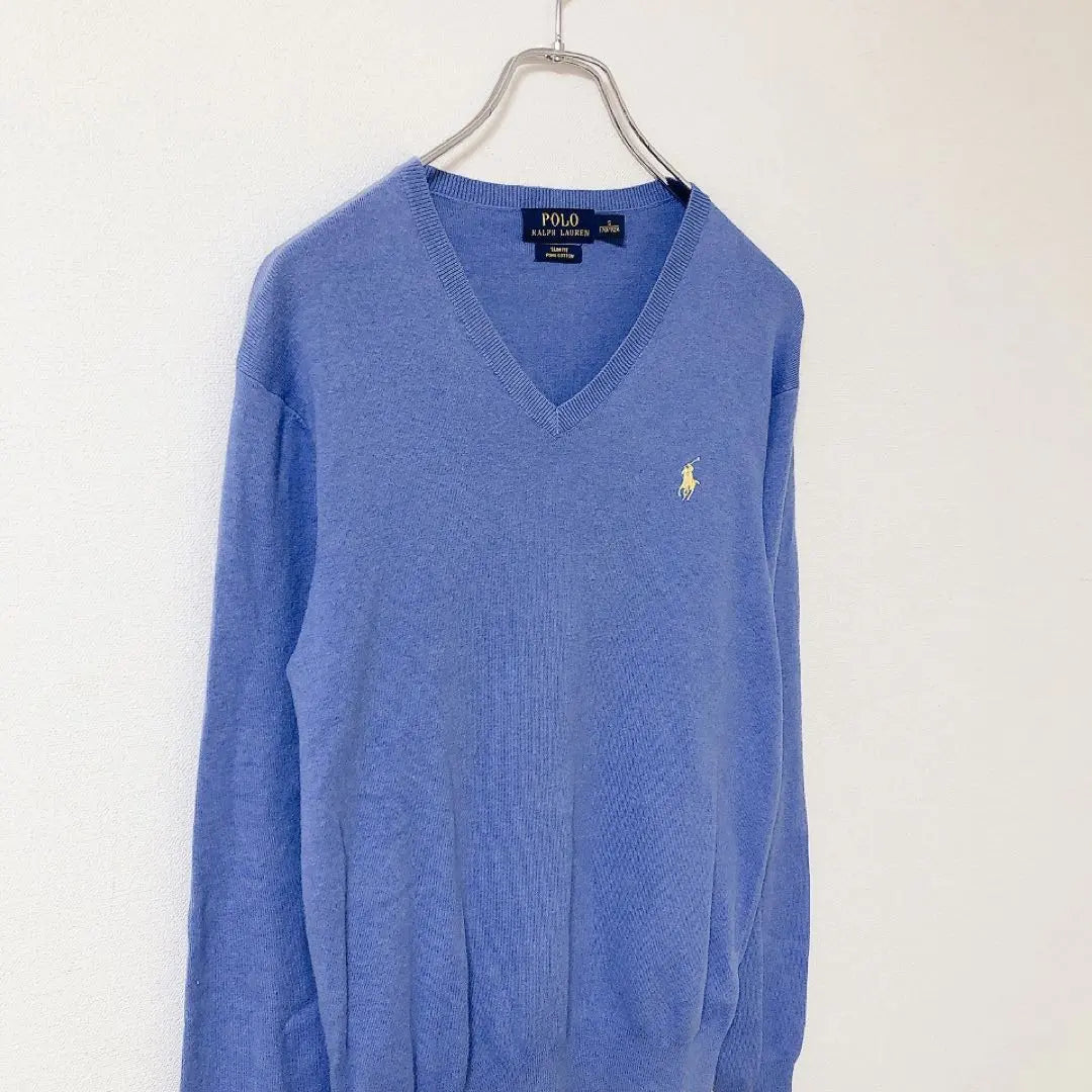 Polo Ralph Lauren [S] Cotton Knit V-neck Sweater Long Sleeve Embroidered Logo Thin