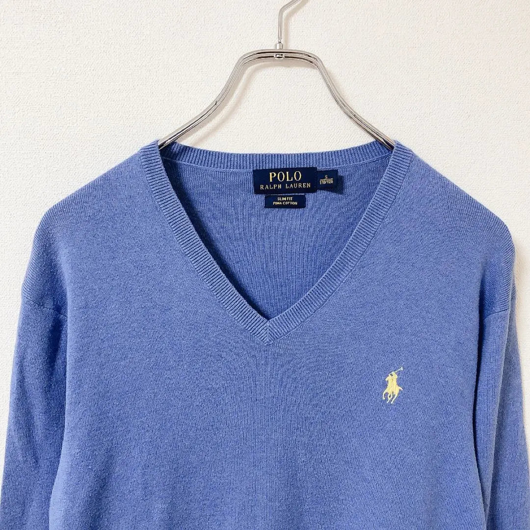 Polo Ralph Lauren [S] Cotton Knit V-neck Sweater Long Sleeve Embroidered Logo Thin