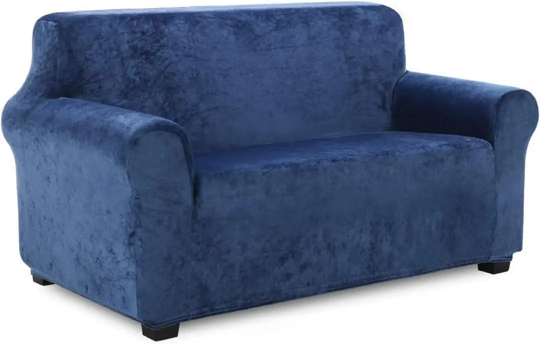 Flannel Sofa Cover 2-seater with armrests Plain Stretch Dark Blue