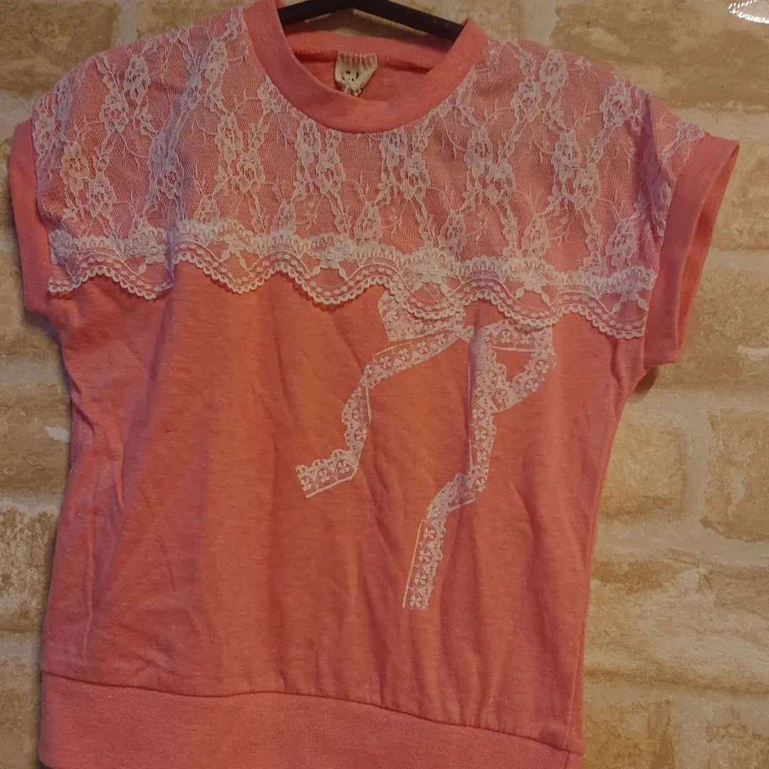 ★Novedad★Ropa infantil coreana★Top de manga corta con lazo de encaje Decoltae★Rosa★110