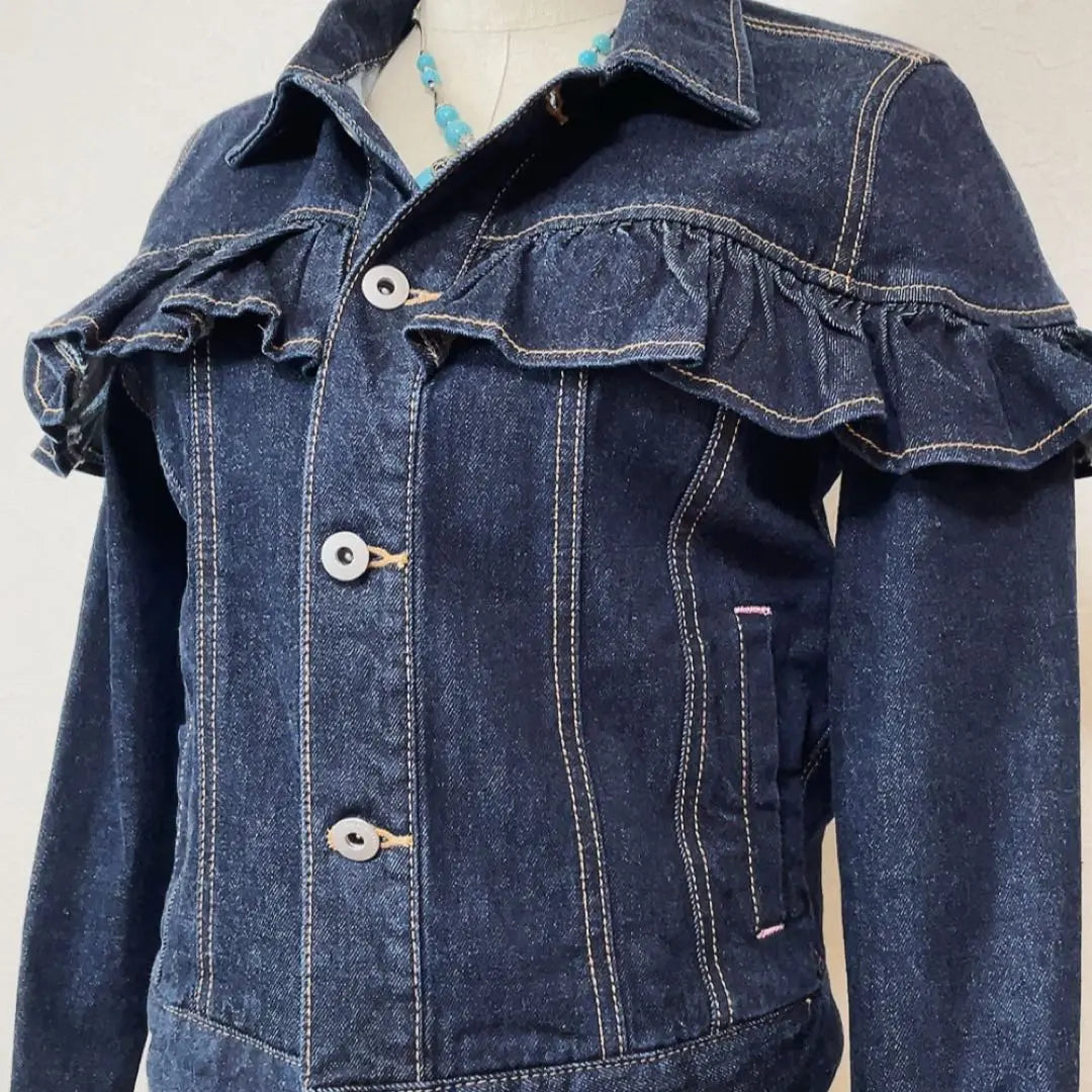 [Extremely beautiful] Supreme Lala logo button frilled denim jacket cute