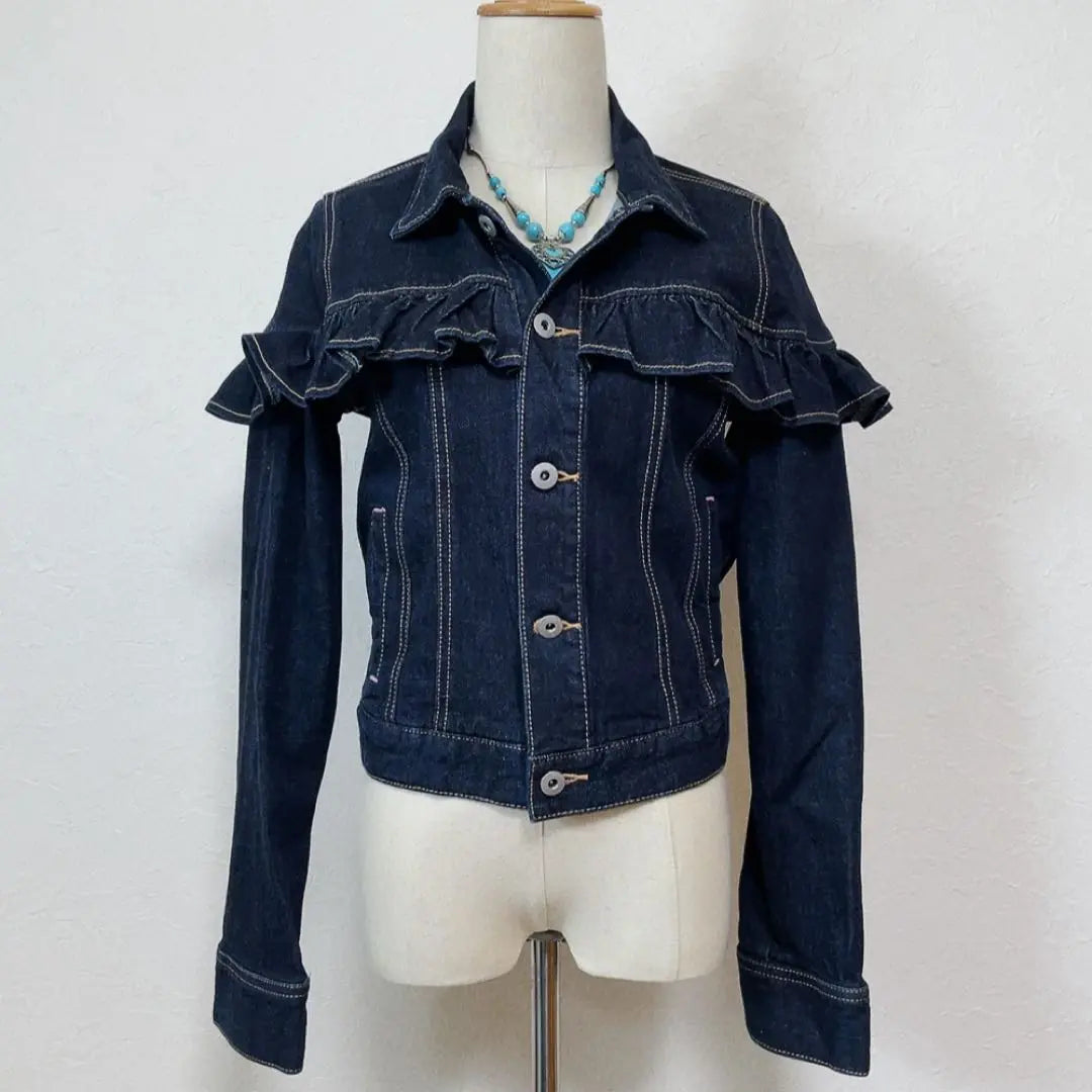 [Extremely beautiful] Supreme Lala logo button frilled denim jacket cute