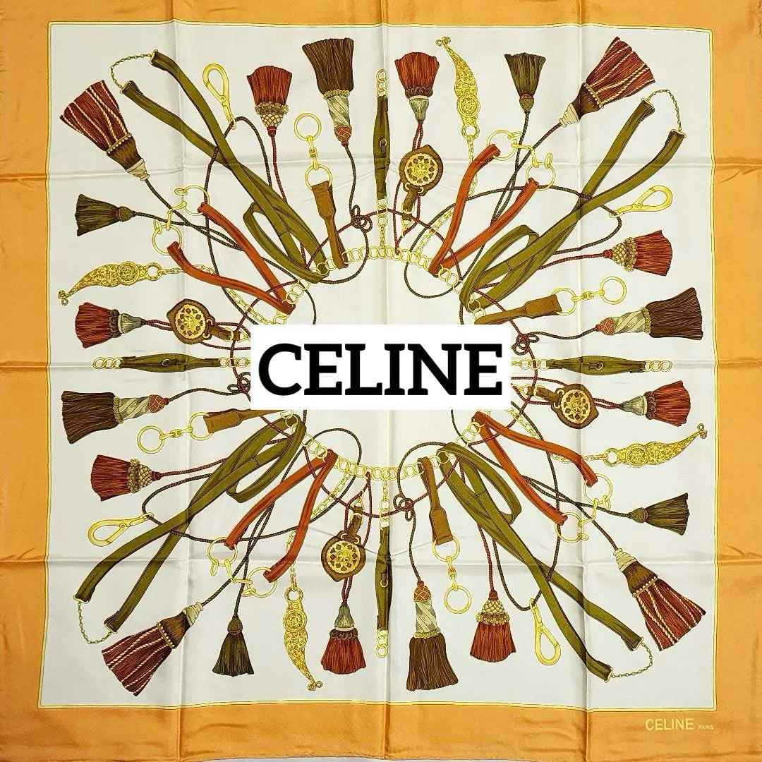 ★CELINE★ Bufanda grande con borlas y cadena de seda color naranja