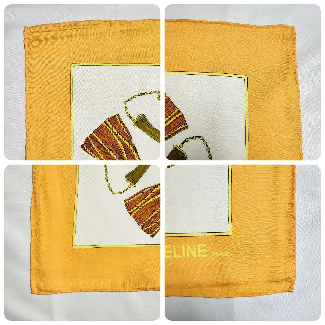 ★CELINE★ Bufanda grande con borlas y cadena de seda color naranja