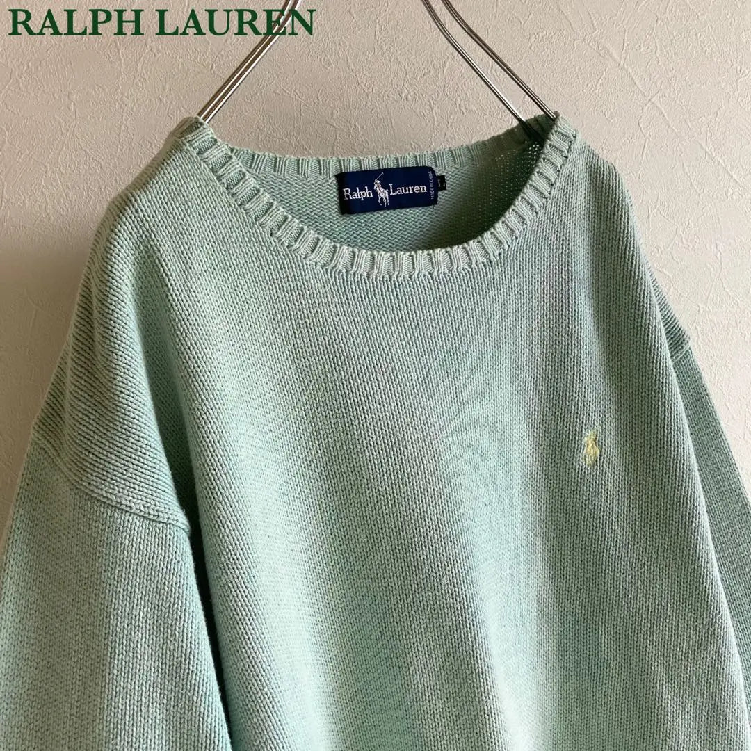 Vintage Ralph Lauren Logo Bordado Gran Silueta Punto De Algodón Menta | ビンテージ ラルフローレン ロゴ刺繍 ビッグシルエット コットンニット ミント