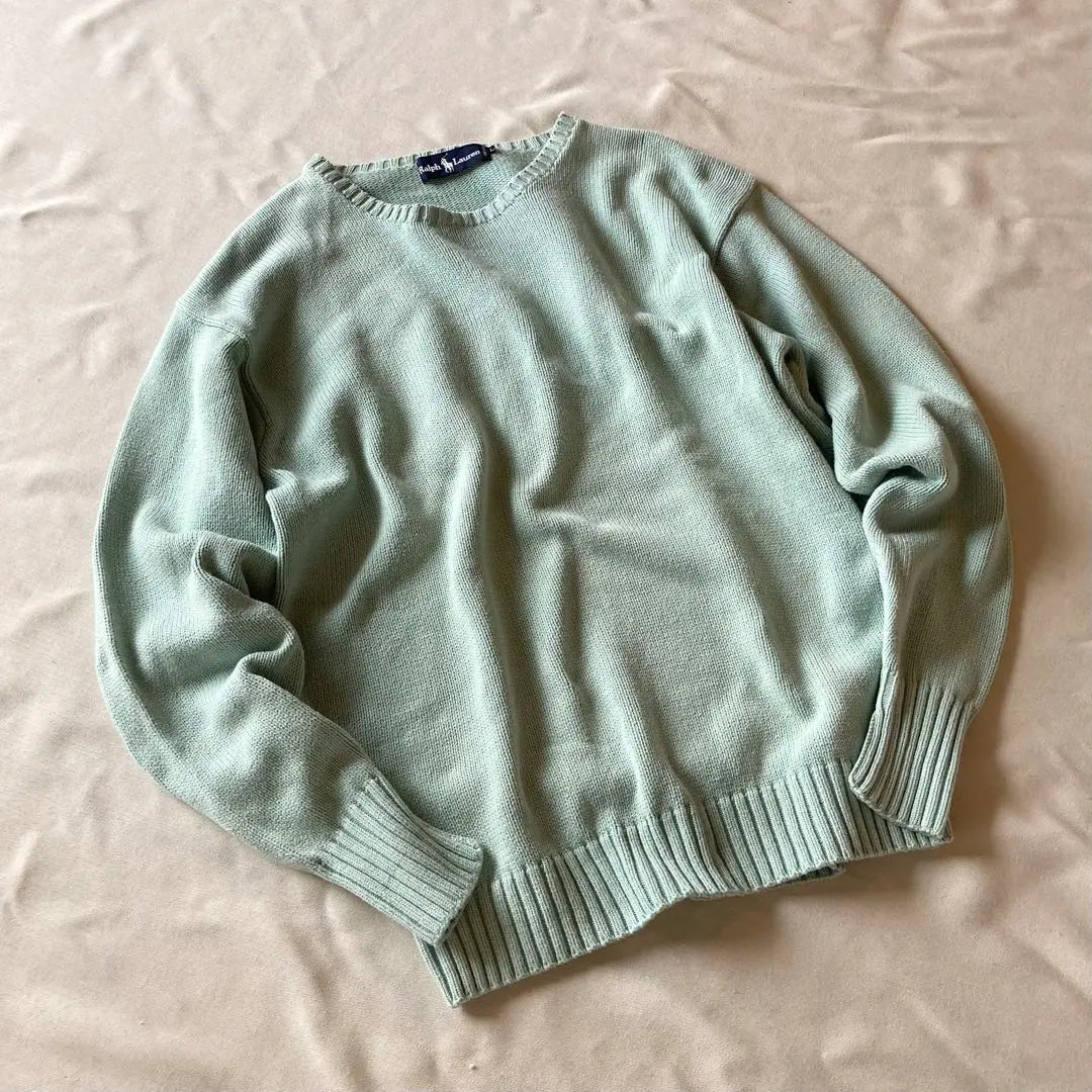 Vintage Ralph Lauren Logo Embroidery Big Silhouette Cotton Knit Mint | ビンテージ ラルフローレン ロゴ刺繍 ビッグシルエット コットンニット ミント