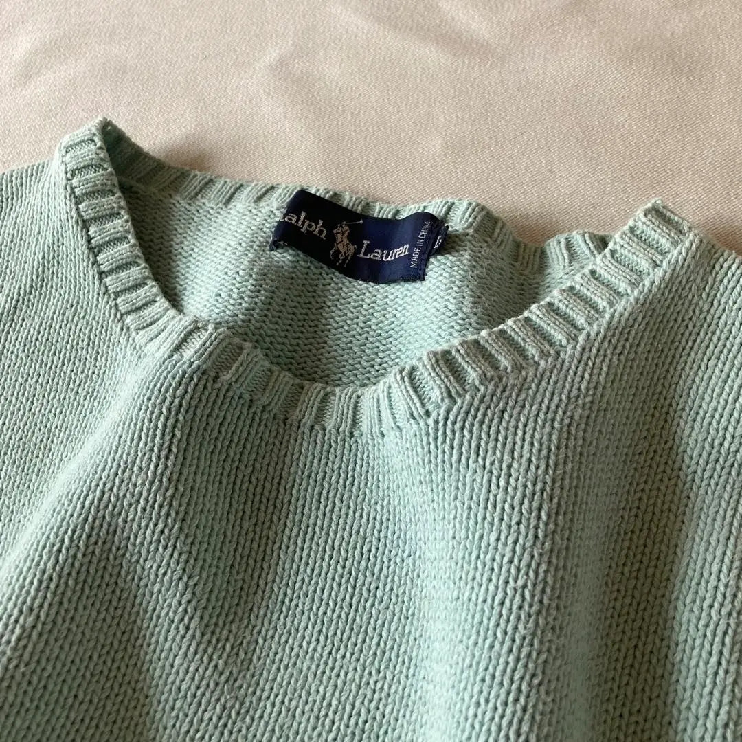 Vintage Ralph Lauren Logo Bordado Gran Silueta Punto De Algodón Menta | ビンテージ ラルフローレン ロゴ刺繍 ビッグシルエット コットンニット ミント