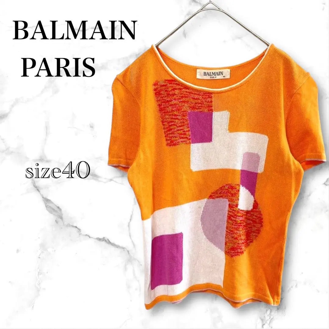 [Balmain] Short-sleeved knit geometric pattern boat neck multicolor cotton mix L