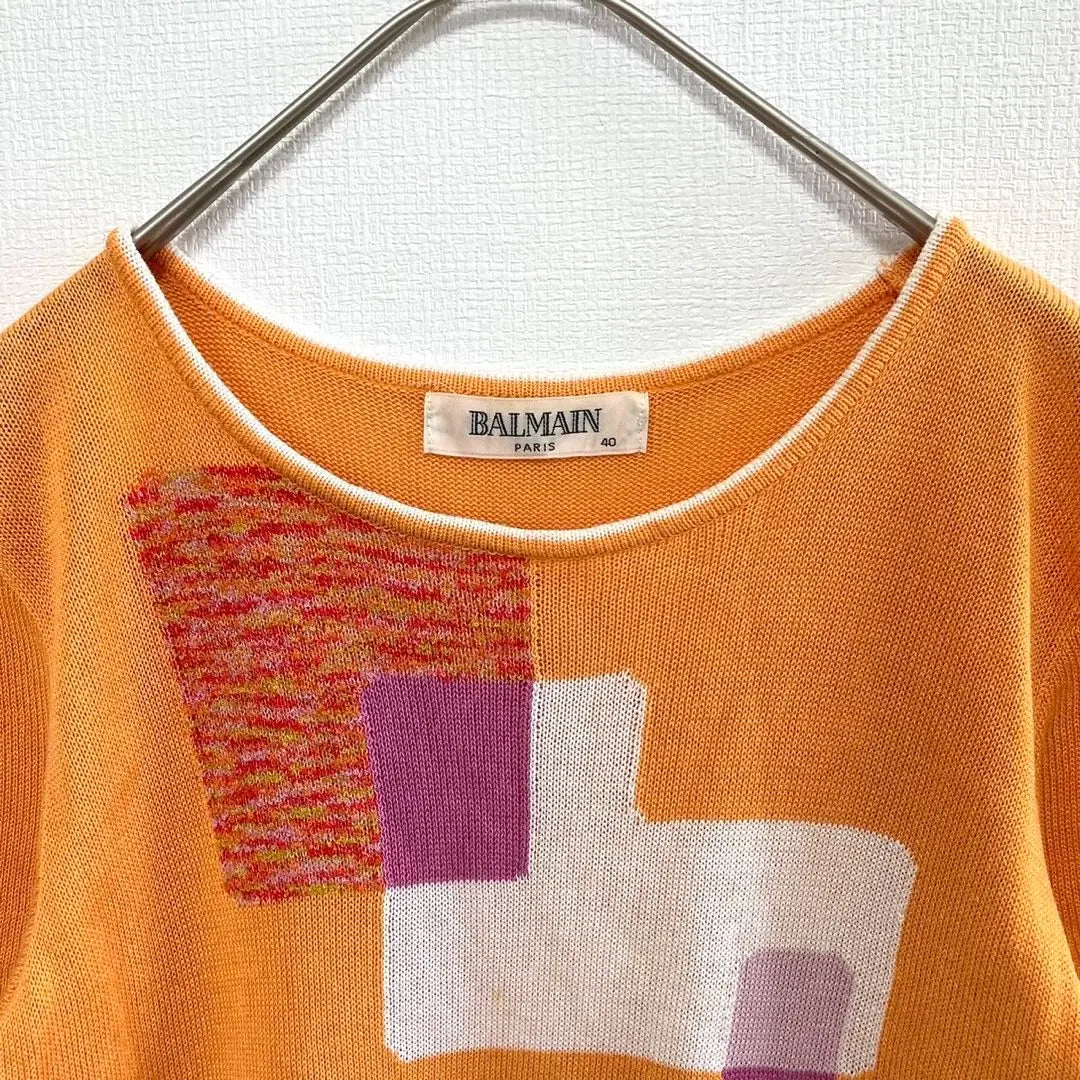 [Balmain] Short-sleeved knit geometric pattern boat neck multicolor cotton mix L