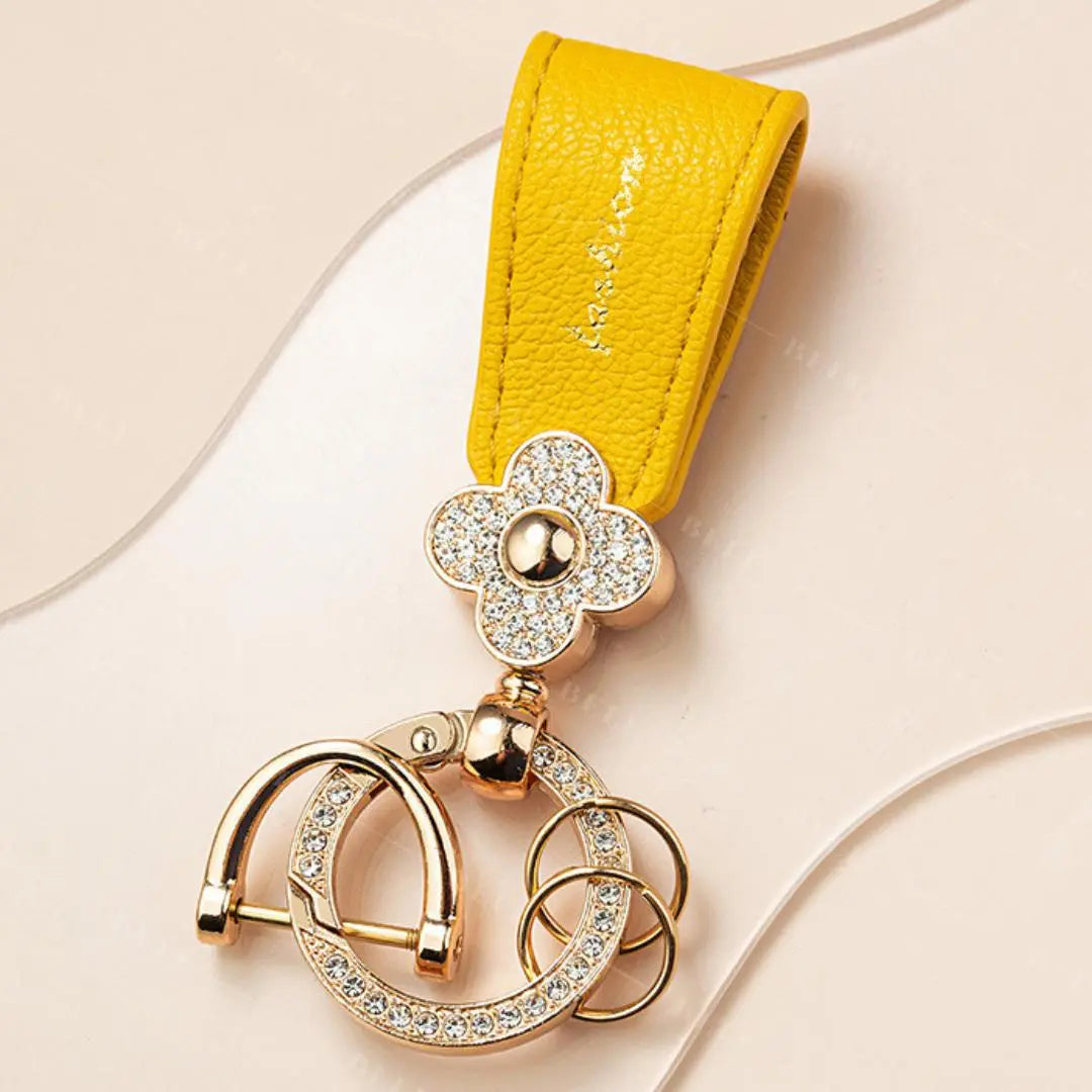 1254★Keychain★Car★Gold★Rhinestone★Flowers★Leather★Yellow★Cute