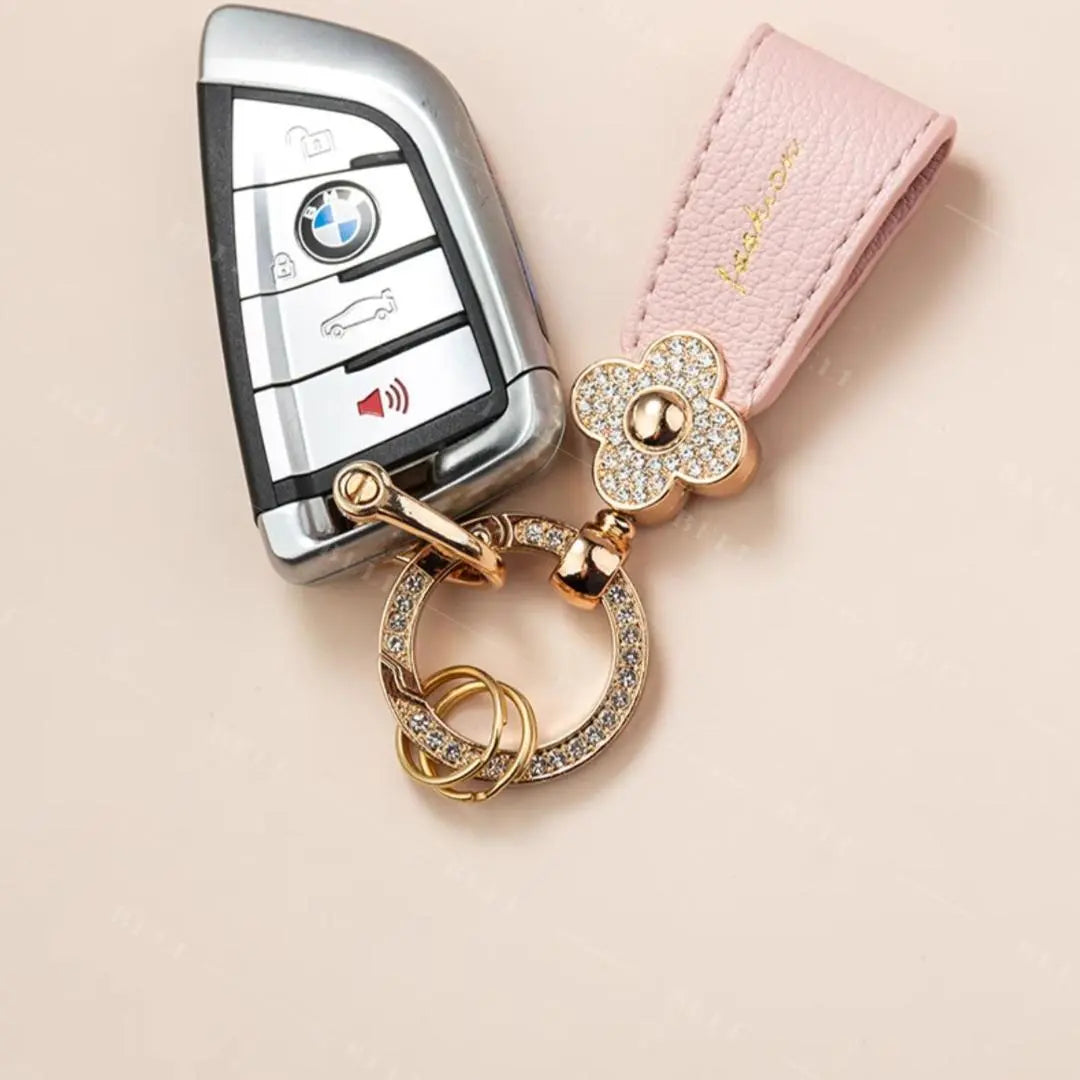 1254★Keychain★Car★Gold★Rhinestone★Flowers★Leather★Yellow★Cute