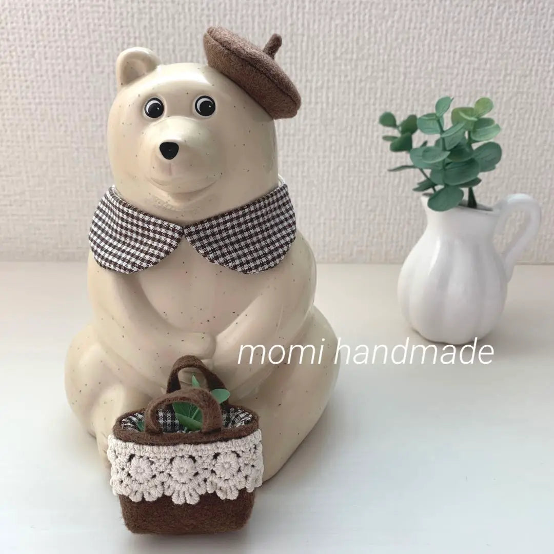 Walking in the forest ♡ Bear piggy bank, beret, collar, bag, set, handmade, brown