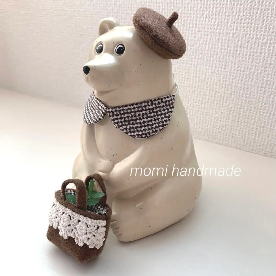 Walking in the forest ♡ Bear piggy bank, beret, collar, bag, set, handmade, brown