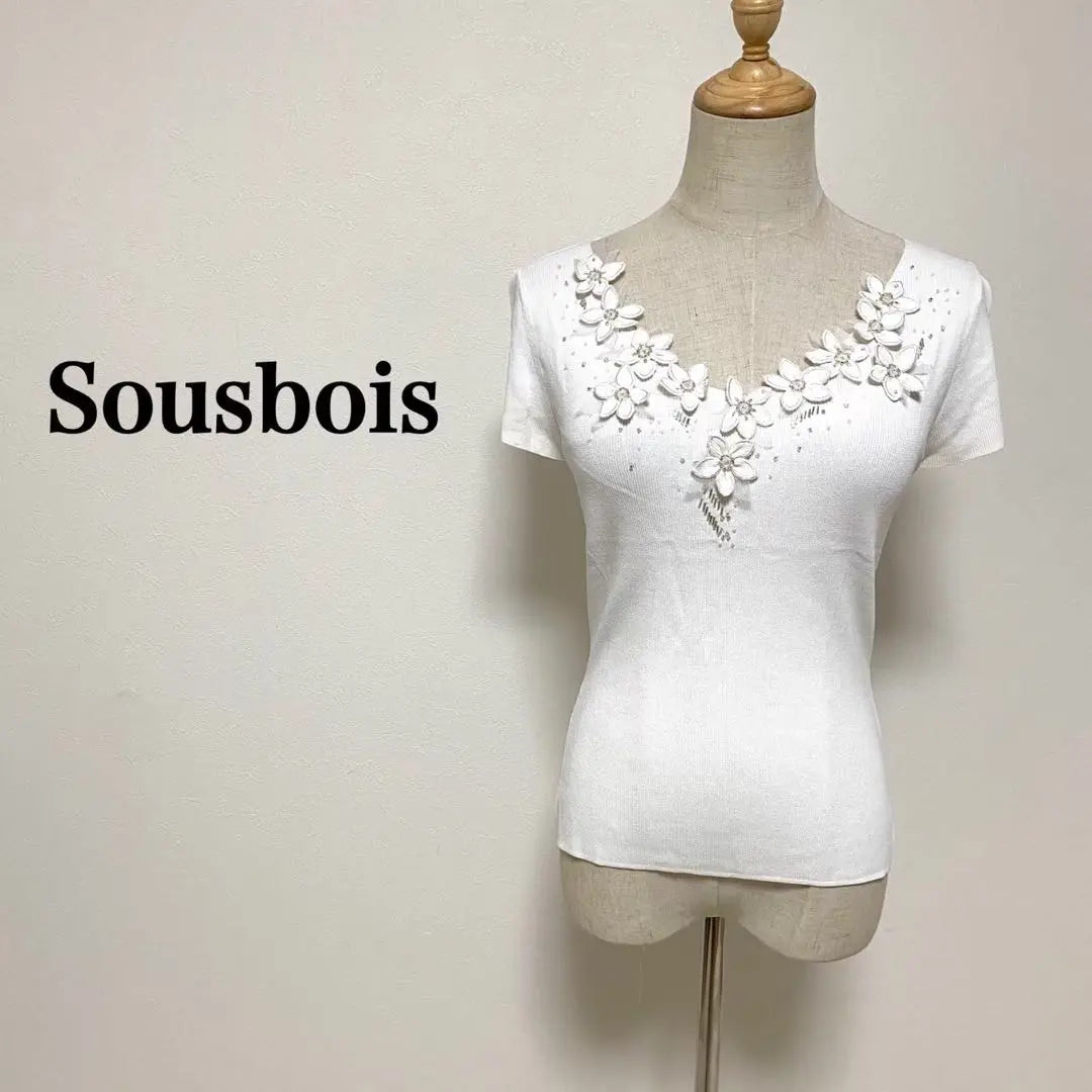 ◯ SOUSBOIS Short Sleeve Knit Flower Motif Flower Decoration Rhinestone M | ◯sousbois 半袖ニット フラワーモチーフ 花装飾 ラインストーン M