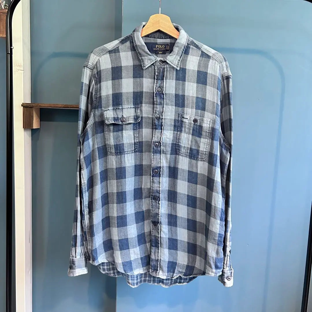 [Ralph Lauren] Long-sleeved shirt with checkered pattern indigo dyed blue size L