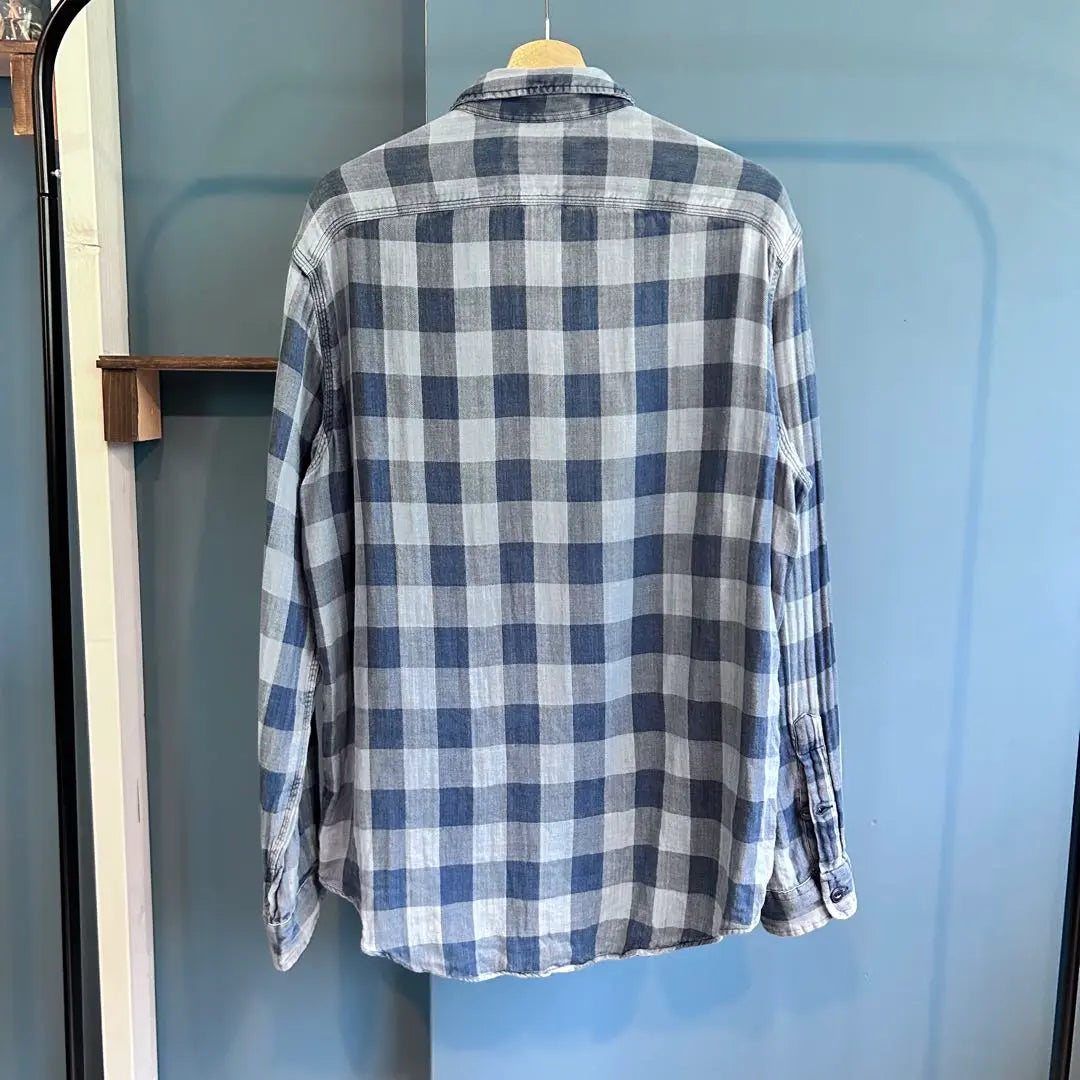 [Ralph Lauren] Long-sleeved shirt with checkered pattern indigo dyed blue size L