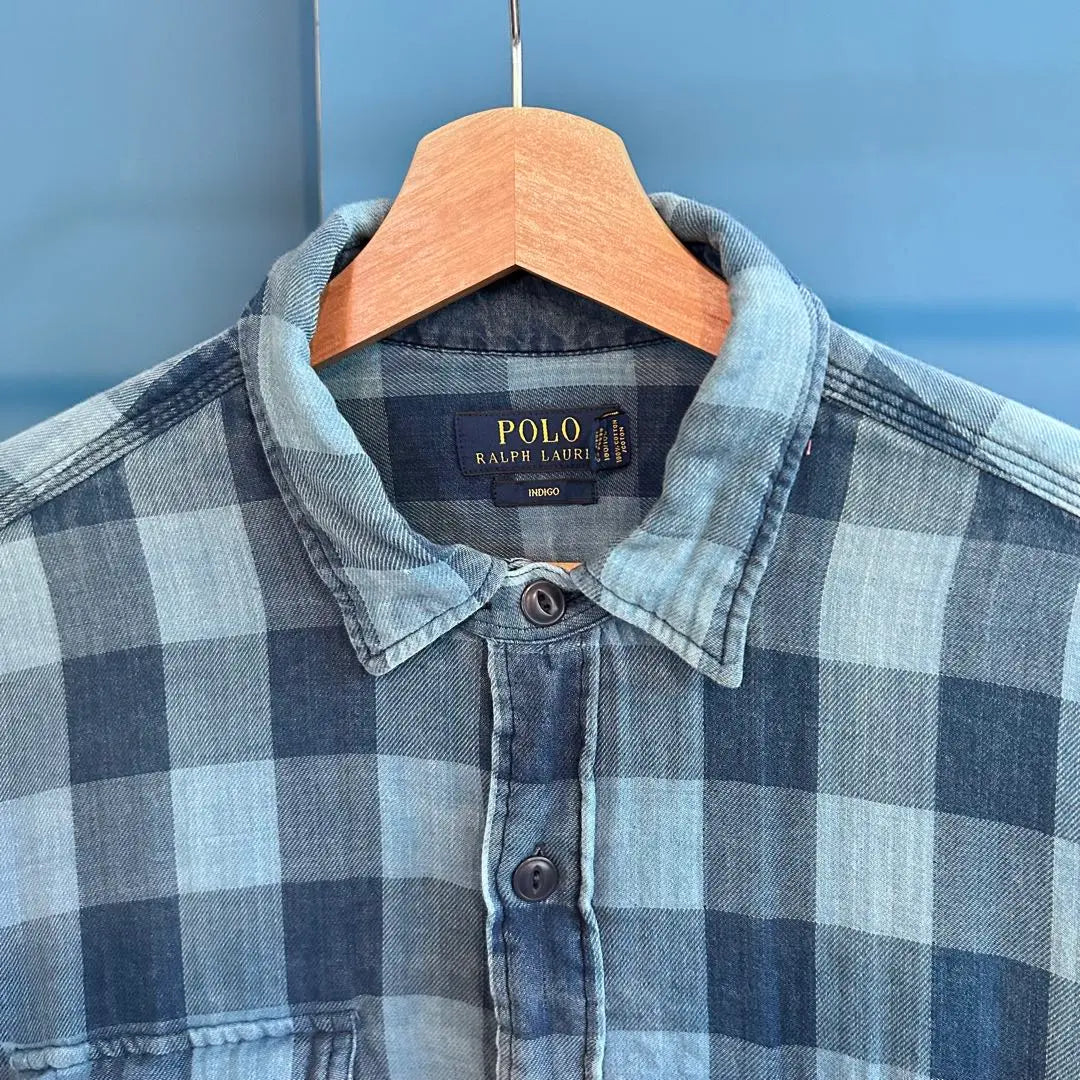 [Ralph Lauren] Camisa de manga larga con estampado de cuadros teñido de azul índigo talla L