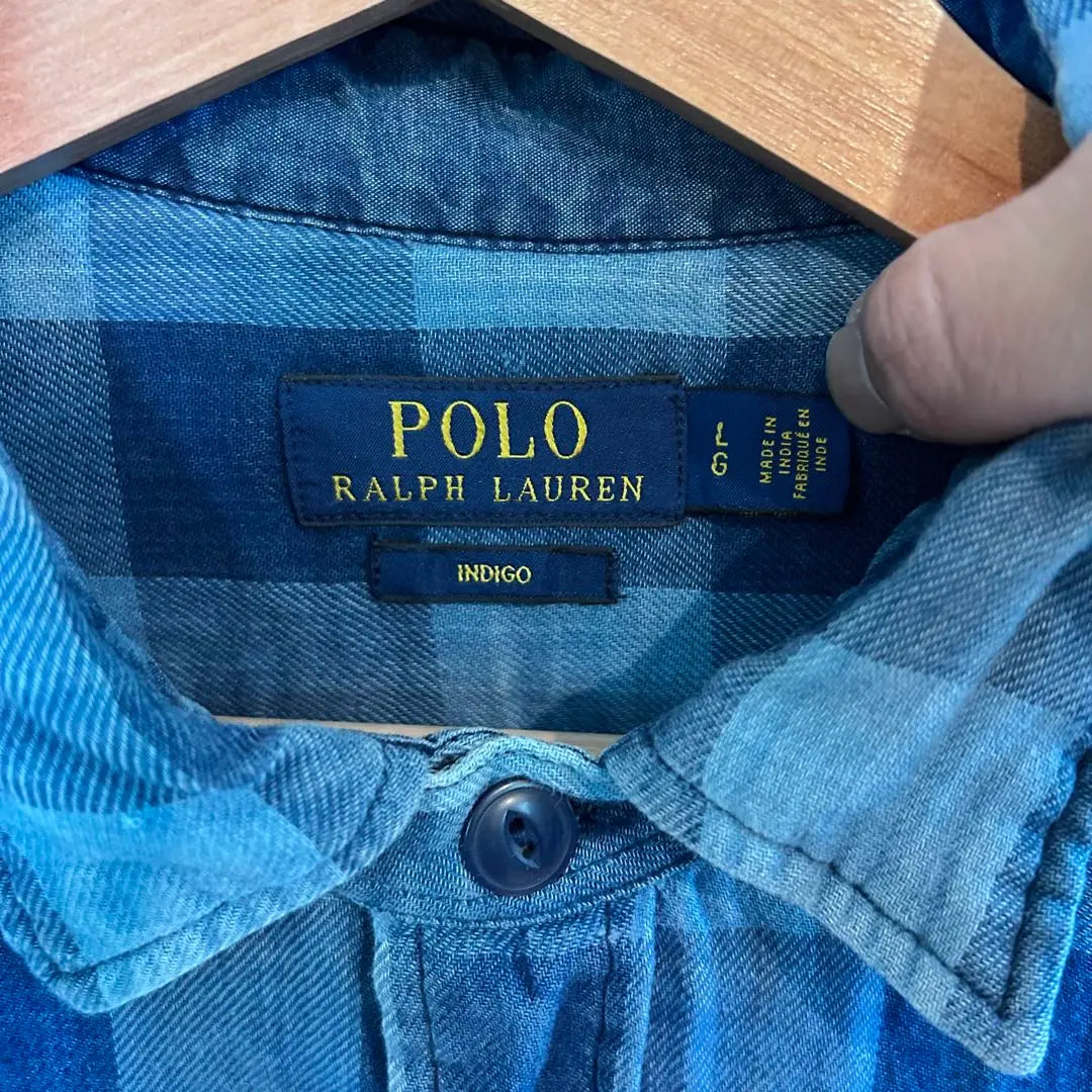 [Ralph Lauren] Long-sleeved shirt with checkered pattern indigo dyed blue size L