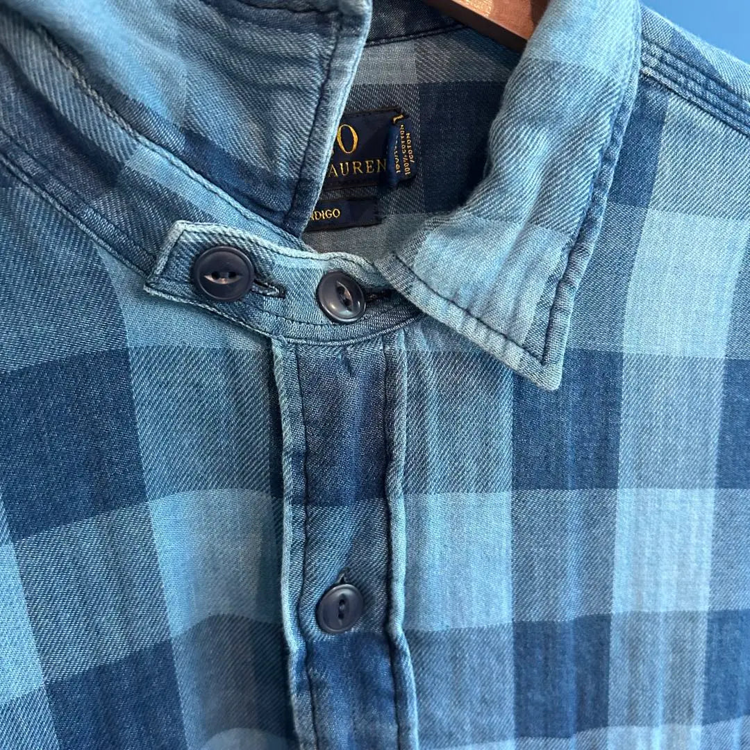 [Ralph Lauren] Camisa de manga larga con estampado de cuadros teñido de azul índigo talla L