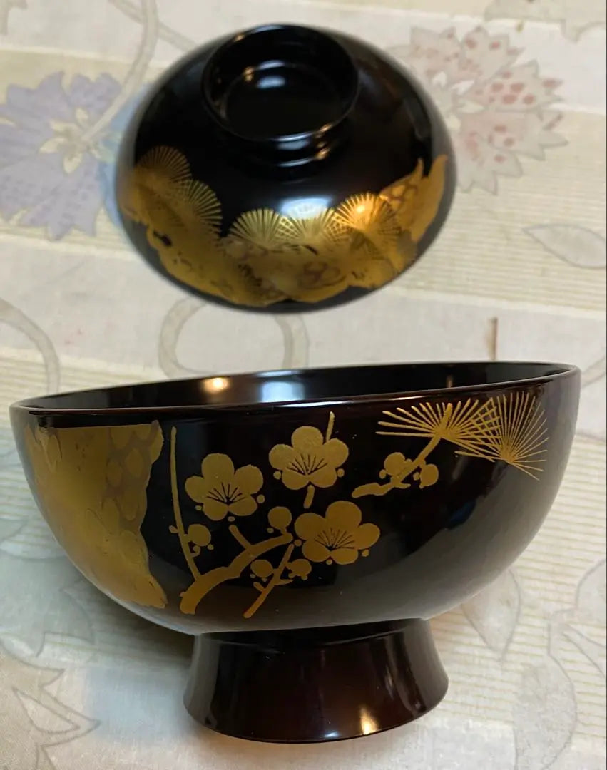 Aizu lacquer Goten-shaped soup bowl, black, kenbatsu, set of 5, 1 bowl without lid