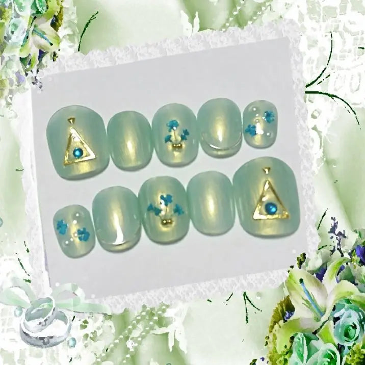 [Resale] No.177 Pressed Flower Nails Green x Light Blue All sizes available at great value! Color change