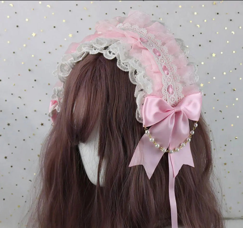 Headdress, pink, lace, ribbon, headband, lolita, gothic lolita