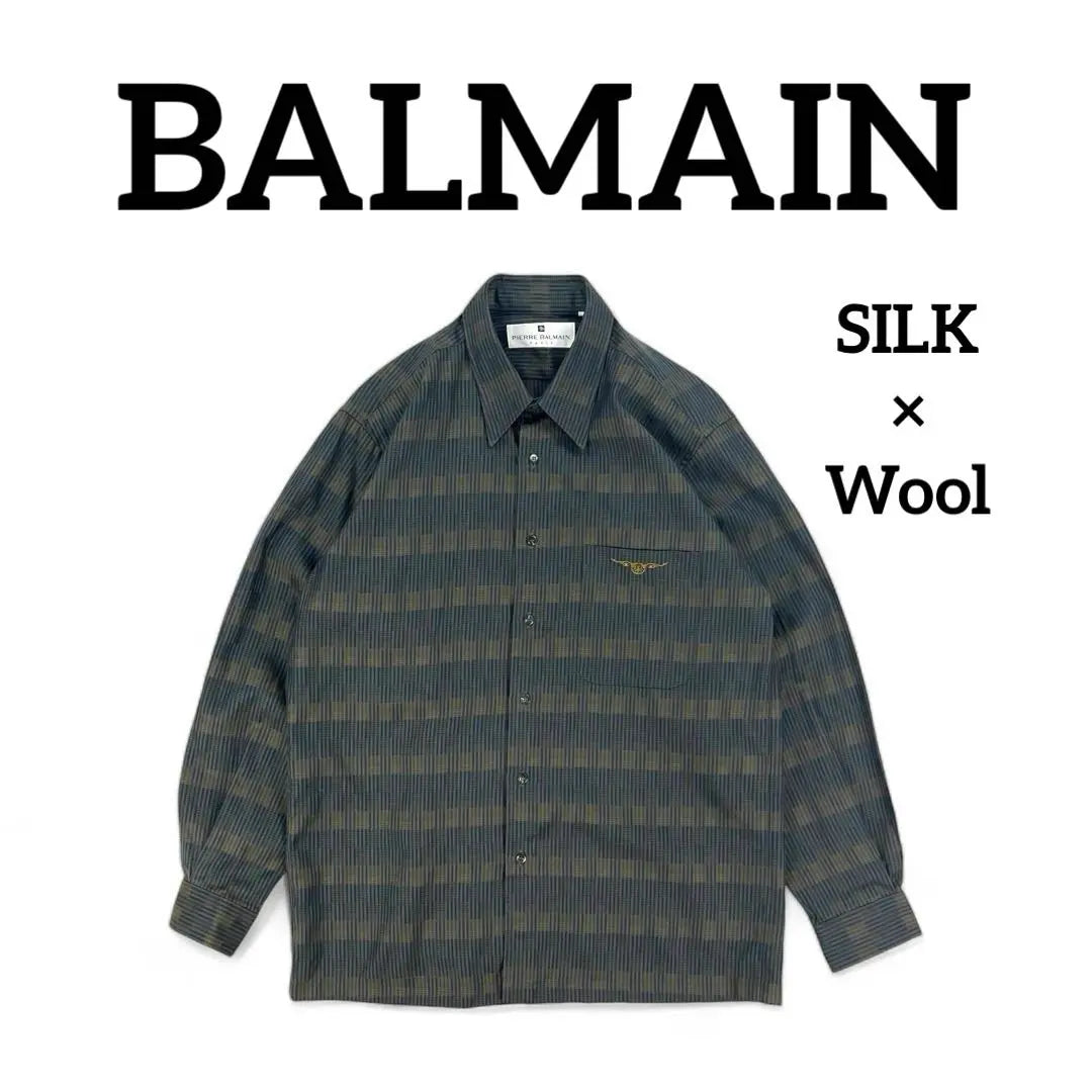 [Silk x Wool] BALMAIN Balmain Long Sleeve Check Embroidered Shirt, Beautiful Condition