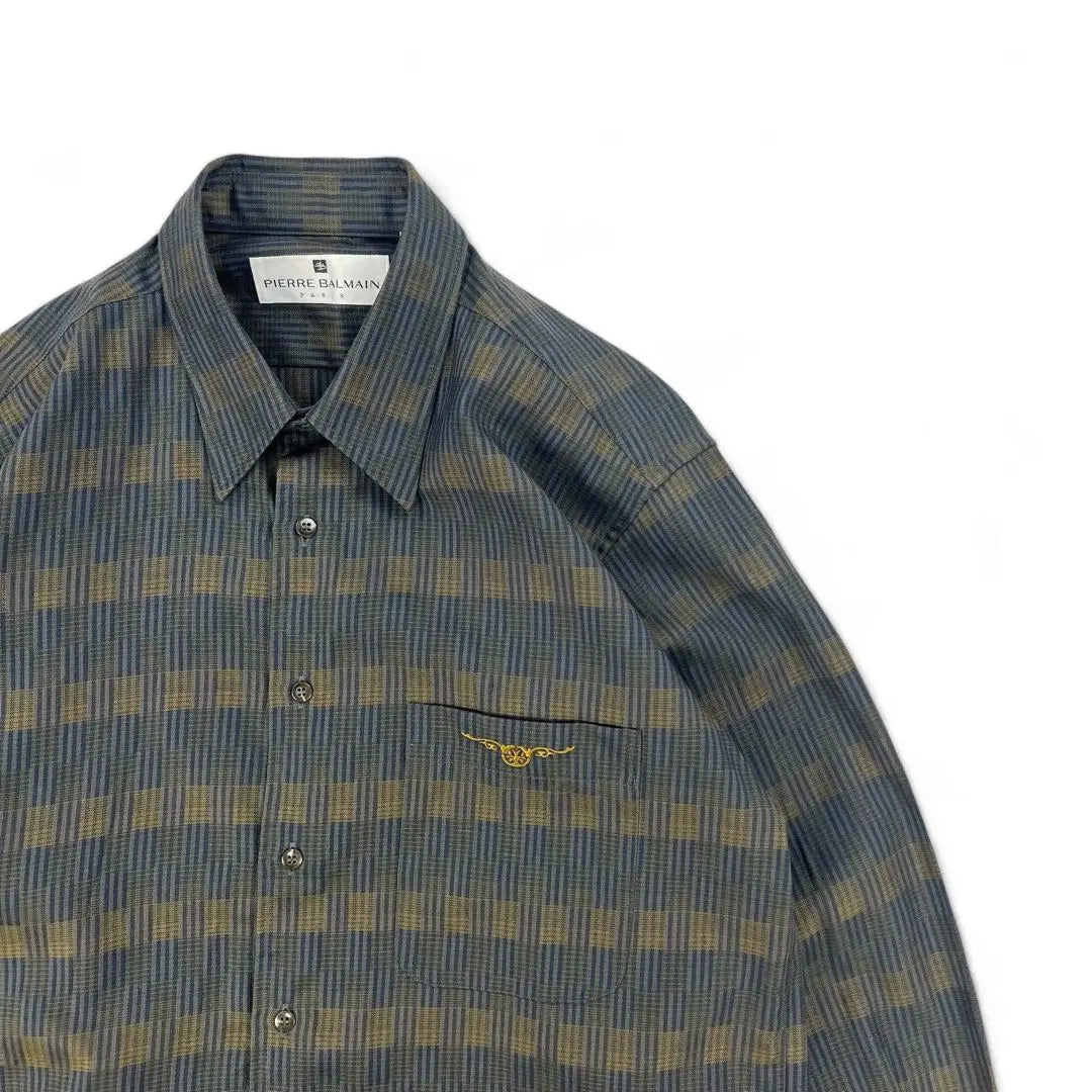 [Silk x Wool] BALMAIN Balmain Long Sleeve Check Embroidered Shirt, Beautiful Condition