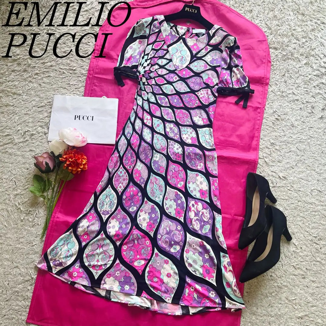 [Buen estado] EMILIO PUCCI Vestido Largo Rosa Acampanado Manga Corta