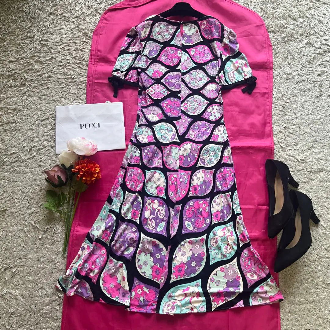 [Buen estado] EMILIO PUCCI Vestido Largo Rosa Acampanado Manga Corta